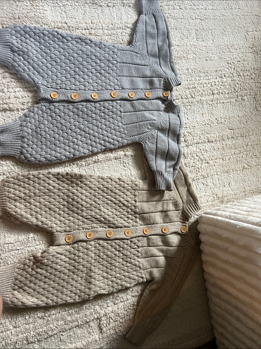 Cozy Cable-Knit Button-Up Baby Cardigan Romper - Gray & Beige